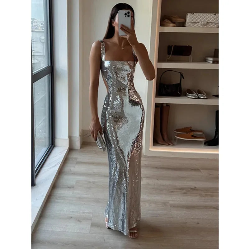 Meshkis Sexy Sling Backless Silvery Maxi Dresses For Women Club Shiny Dress Glittering Sleeveless Robes Evening Party Vestidos
