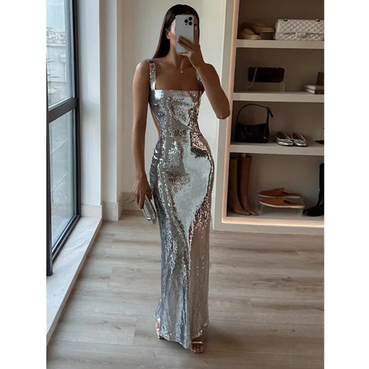 Meshkis Sexy Sling Backless Silvery Maxi Dresses For Women Club Shiny Dress Glittering Sleeveless Robes Evening Party Vestidos
