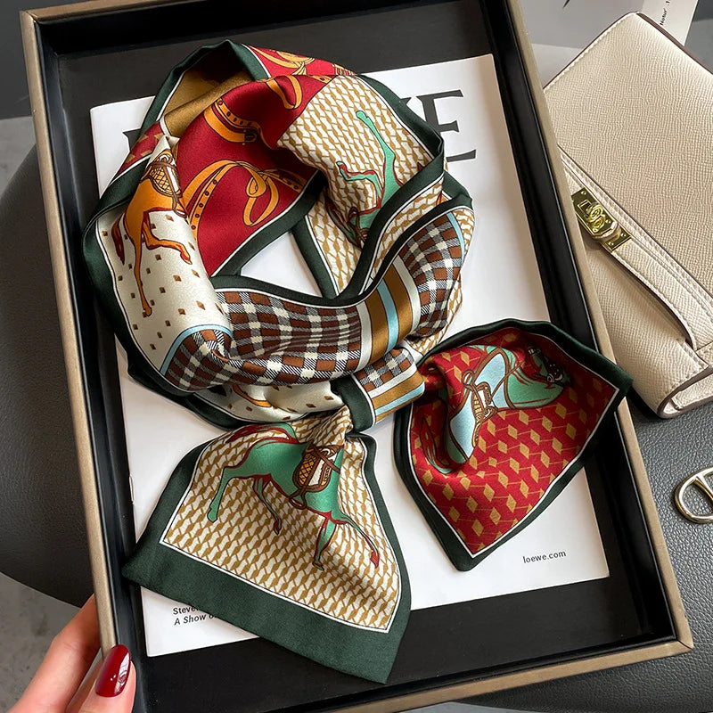 Luxury Print Imitation Silk Scarf Headband Neckerchief Foulard Female Hair Scarfs Neck Tie Skinny Scarves Soft Satin