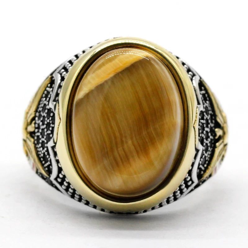 2022 New Fashion Punk Retro Men's Ring Natural Gold Tiger Eye Stone 925 Sterling Silver Jewelry Set Wedding Ring for Woman