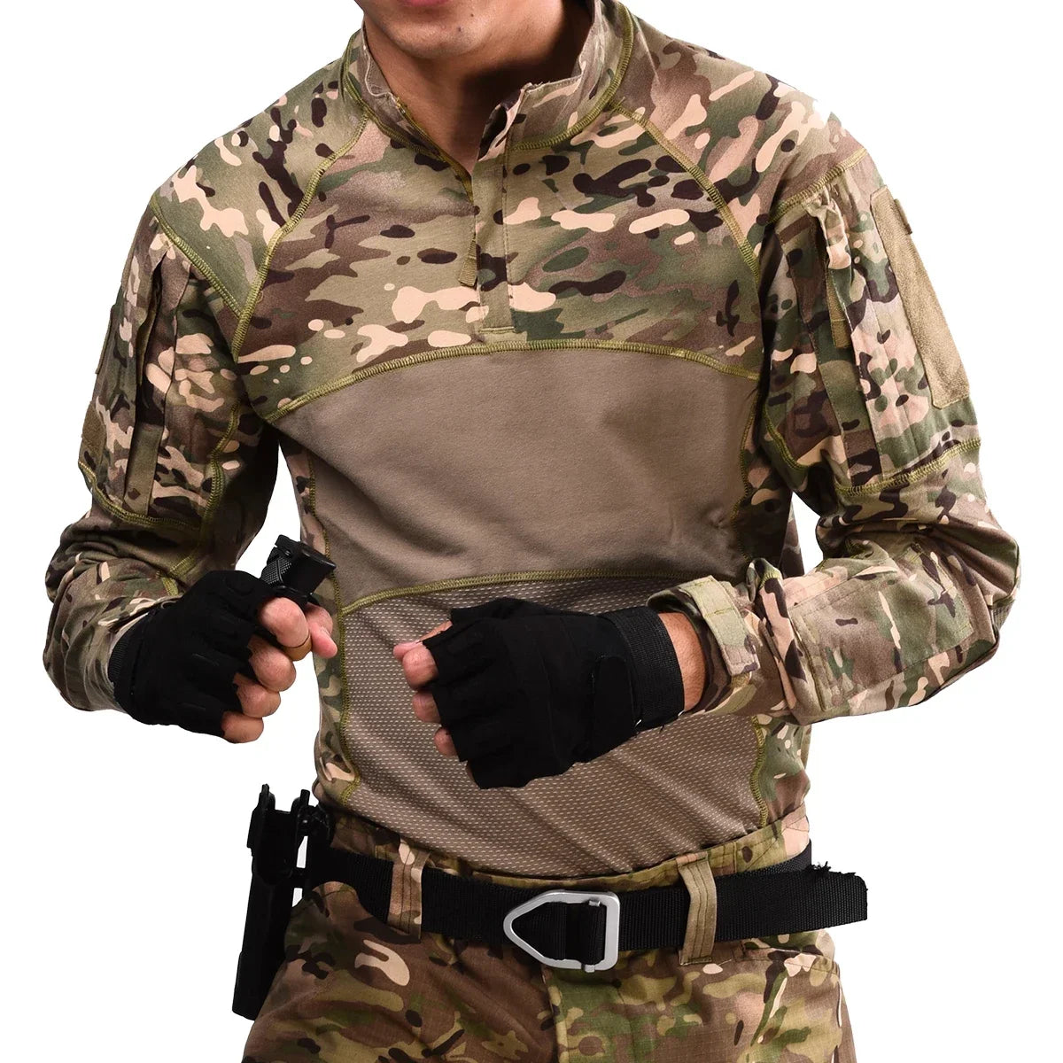 Tactical Shirts Men's Long Sleeve Airsoft Combat Shirt 1/4 Zipper Ripstop Cotton Camo T Shirts Hunting Clothes Wear-resisting