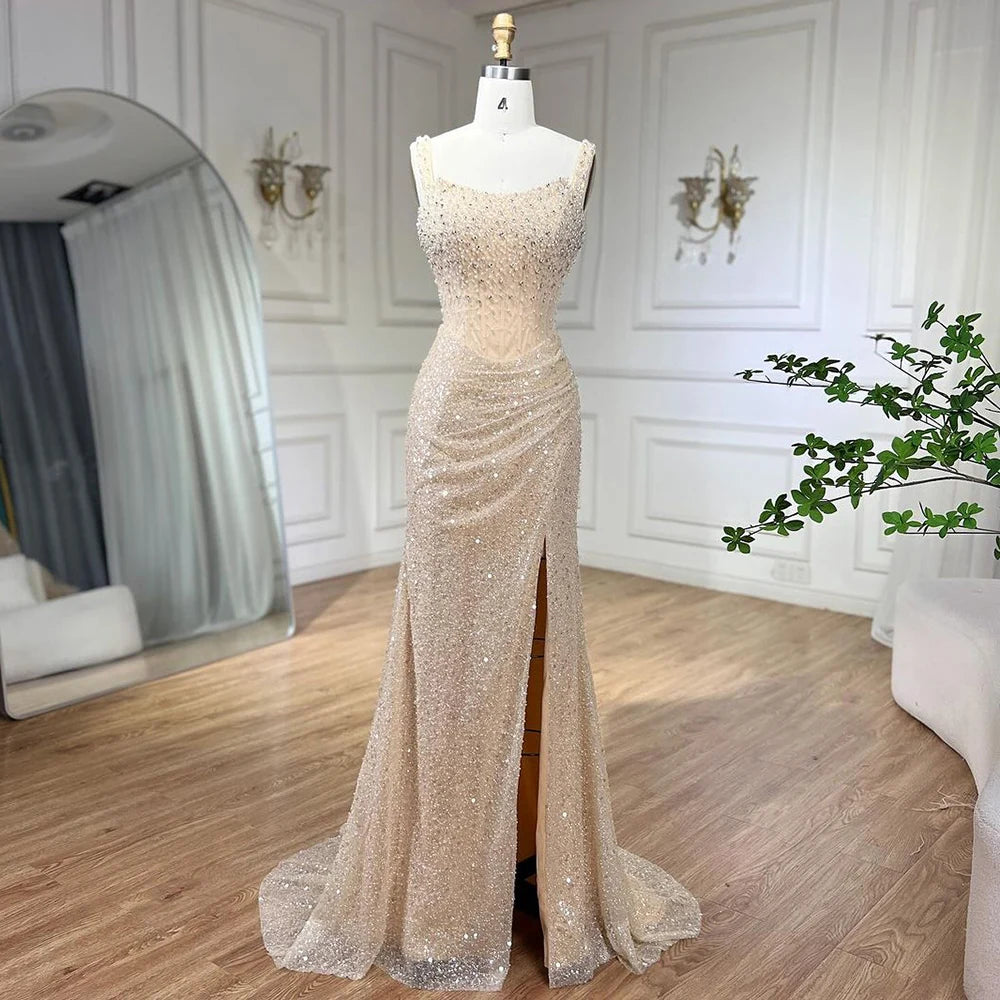 Serene Hill Beige Mermaid Floor Length Evening Gowns Luxury Beaded Crystal Spaghetti Strap Party Drsses For Women 2024 LA72163