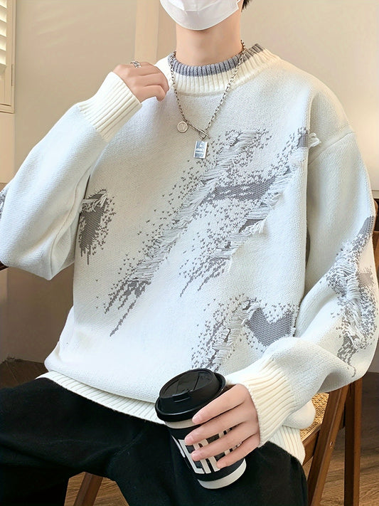 Cozy Men's Loose Fit Color Block Frayed Knitted Pullover Sweater - Soft, Casual, Long Sleeve, Crew Neck, Perfect for Fall and Winter - Easy to Match, Versatile, and Warm