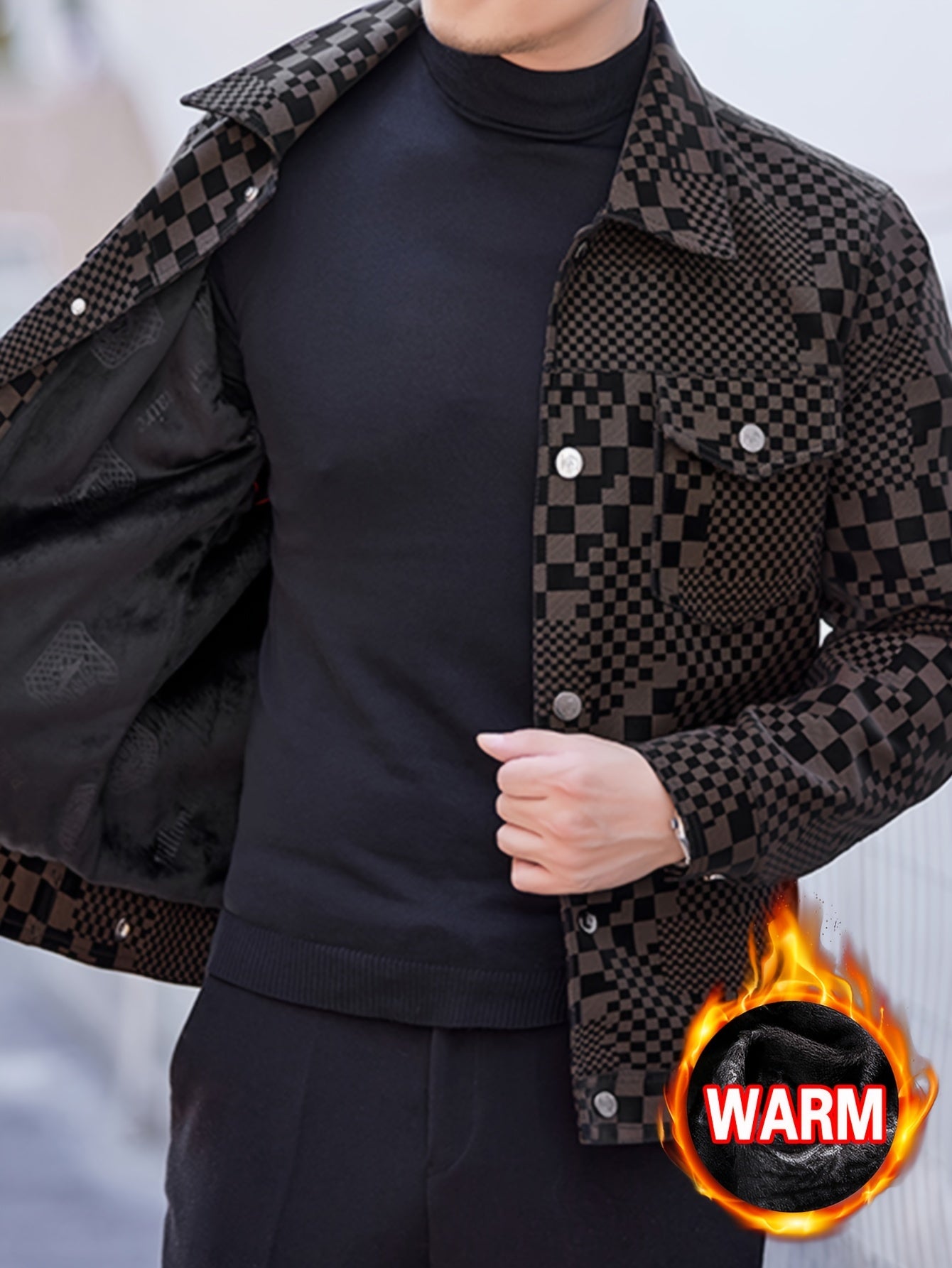 Mens Regular Fit PU Leather Jacket with Lapel Collar - Long Sleeve, Single Breasted, All Over Checkerboard Pattern, Polyester Lining, Multiple Pockets - Perfect for Casual Scene