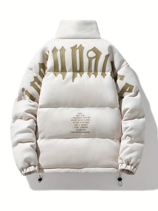 Men's Fashion Letter Print Casual Thick Warm Winter Coat With Stand Collar, Stylish And Cozy Coat