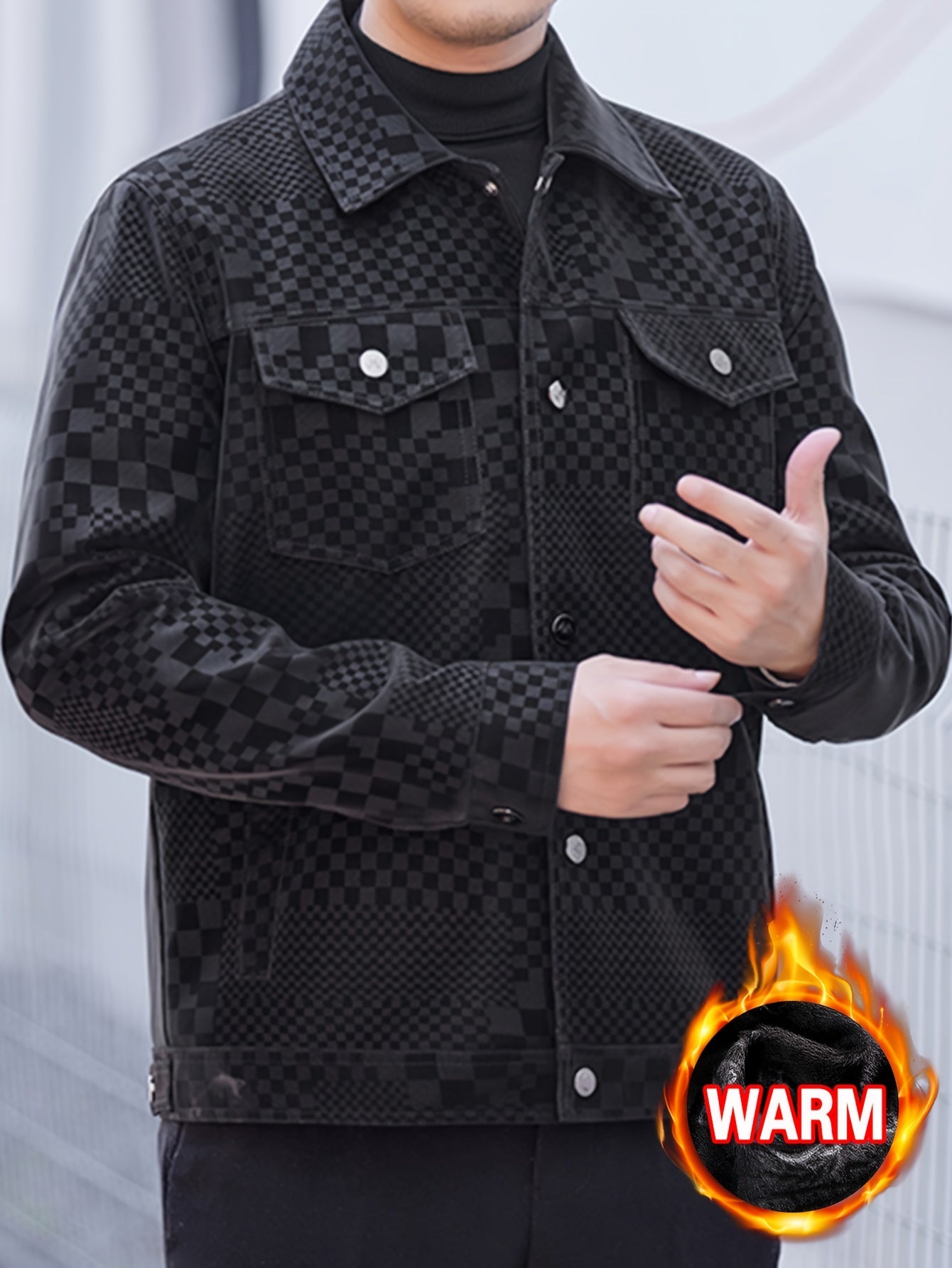 Mens Regular Fit PU Leather Jacket with Lapel Collar - Long Sleeve, Single Breasted, All Over Checkerboard Pattern, Polyester Lining, Multiple Pockets - Perfect for Casual Scene