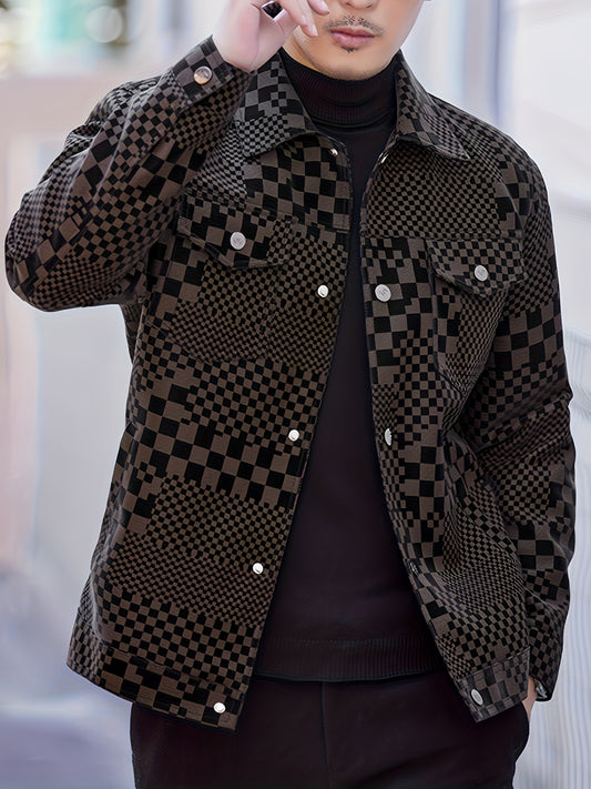 Mens Regular Fit PU Leather Jacket with Lapel Collar - Long Sleeve, Single Breasted, All Over Checkerboard Pattern, Polyester Lining, Multiple Pockets - Perfect for Casual Scene