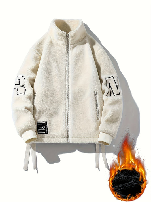 Men's Loose LAX Graphic Print Snuddie Fleece Jacket With Zipper Pockets, Casual Long Sleeve Stand Collar Warm Outwear For Outdoor