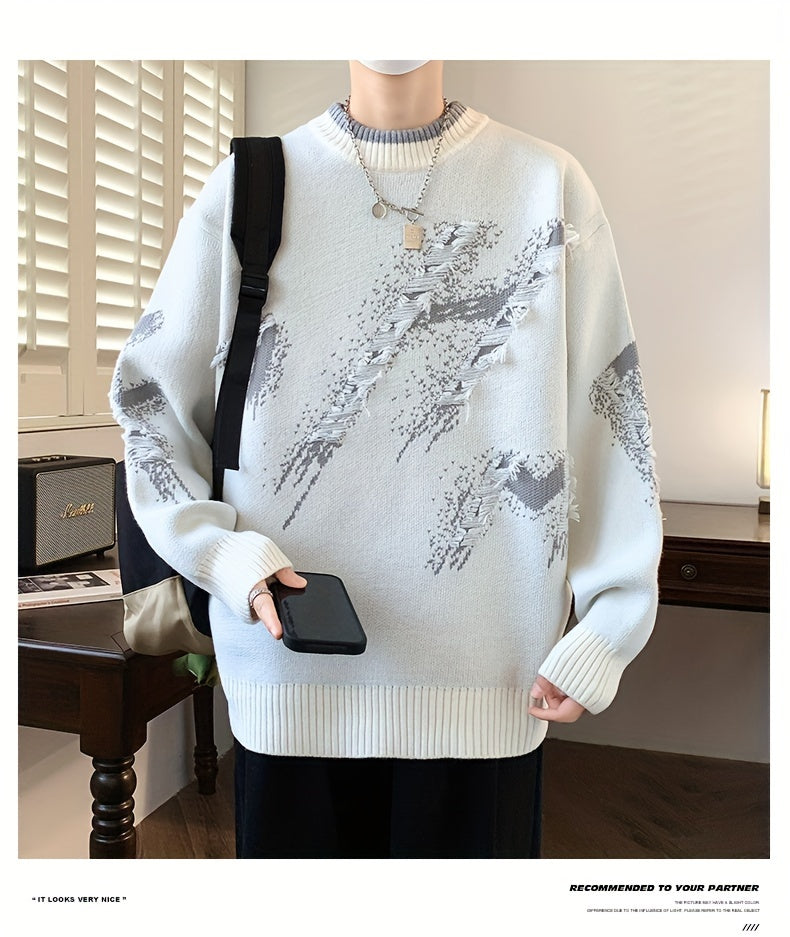 Cozy Men's Loose Fit Color Block Frayed Knitted Pullover Sweater - Soft, Casual, Long Sleeve, Crew Neck, Perfect for Fall and Winter - Easy to Match, Versatile, and Warm