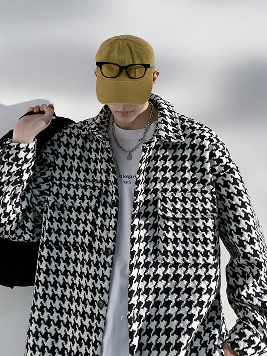 Stylish Men's Checkered Graphic Print Jacket - Long Sleeve, Hooded, Casual Button Up with Lapel, Multiple Pockets, Perfect for Outdoor Activities and Everyday Wear