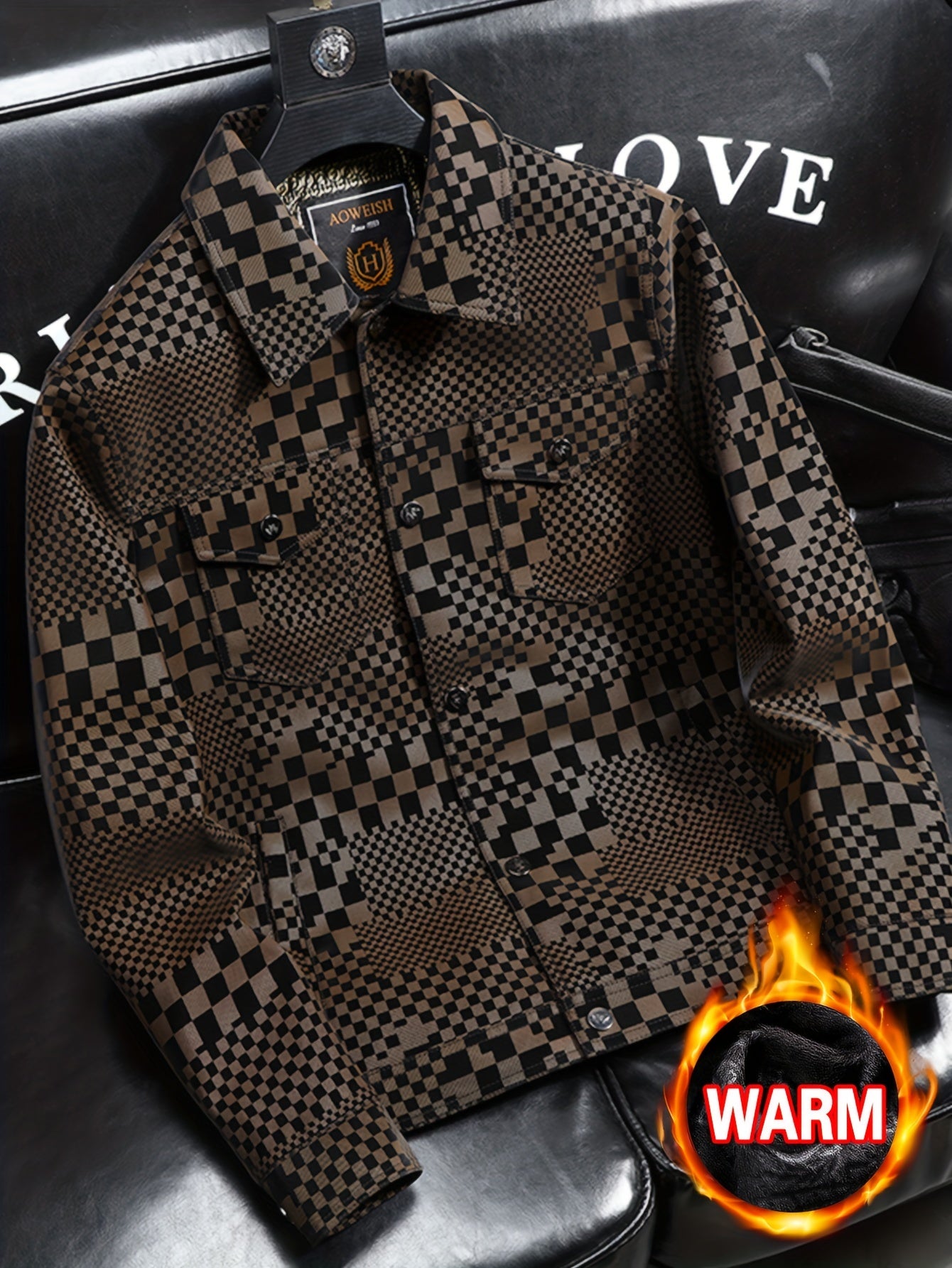 Mens Regular Fit PU Leather Jacket with Lapel Collar - Long Sleeve, Single Breasted, All Over Checkerboard Pattern, Polyester Lining, Multiple Pockets - Perfect for Casual Scene